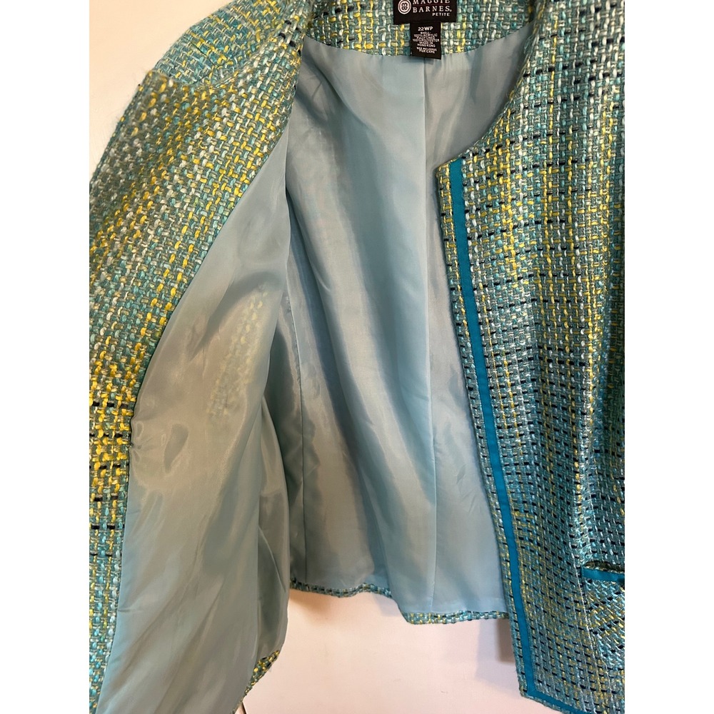 Maggie Barnes Petite‎ 22WP Tweed Open Front Jacket Turquoise Yellow Mermaidcote - Picture 6 of 12